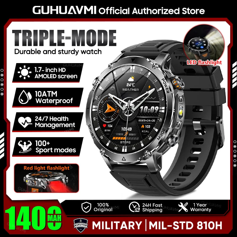 Rugged Outdoor Smart Watch — 1400mAh, 10ATM, Torch & BT Call