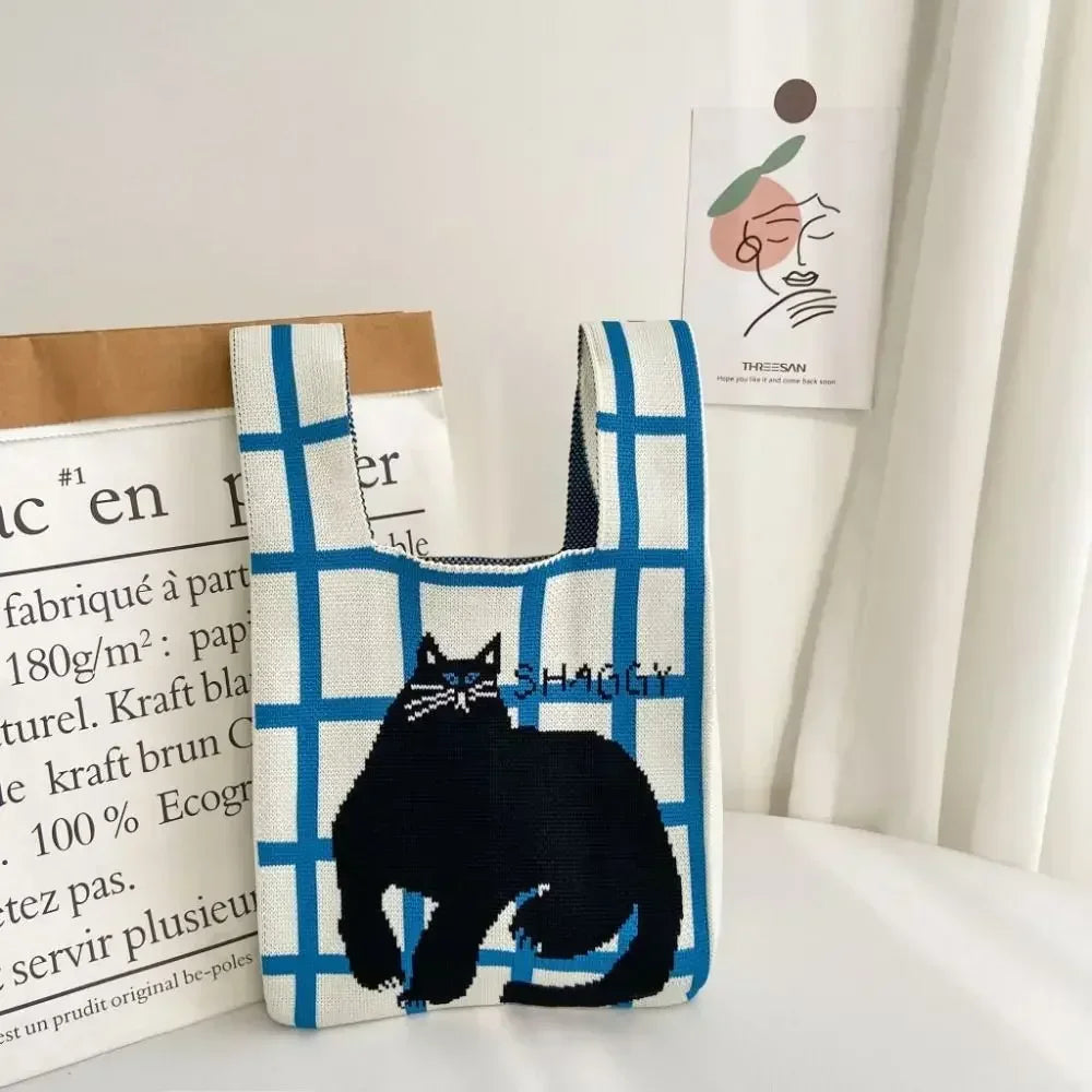 Cat Knit Handbag Fashion Knit Handmade Shopping Bags High-capacity Knot Wrist Bag Girls