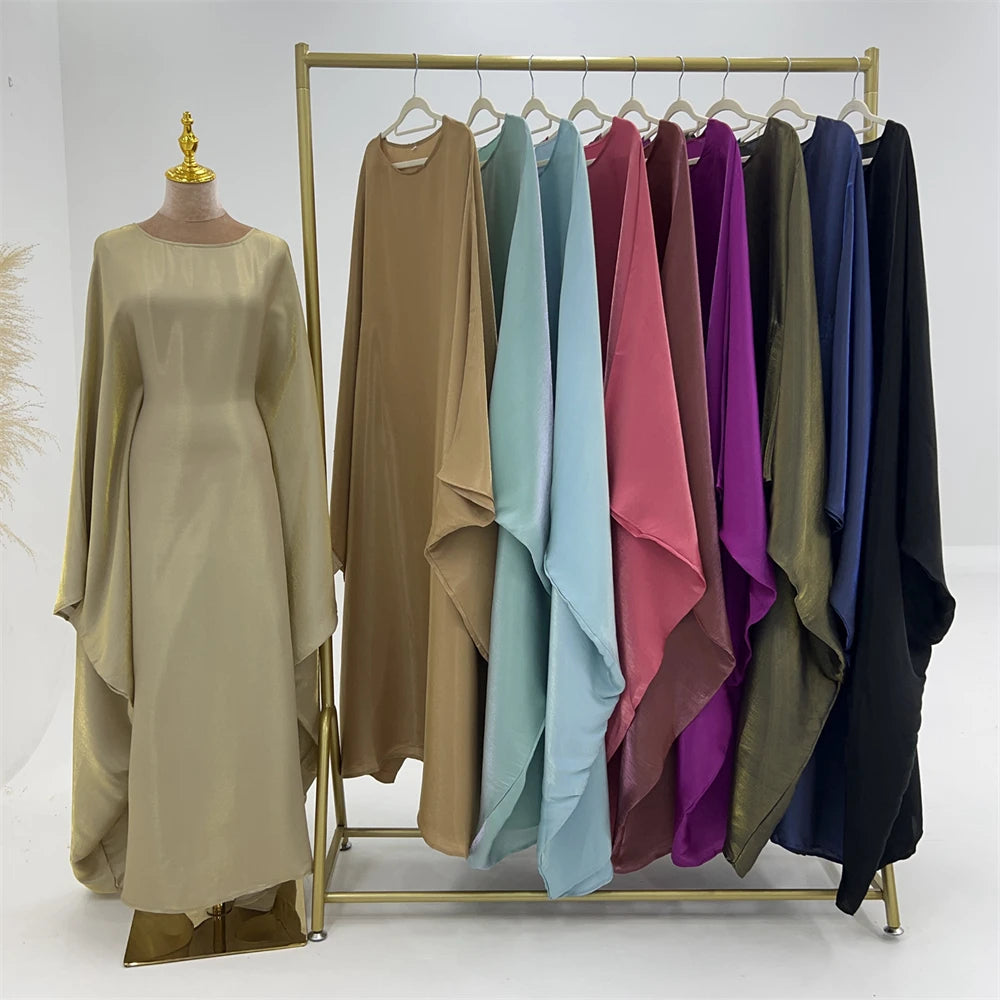 Shimmer Batwing Satin Abaya – Luxury Muslim Kaftan Dress for Eid & Ramadan