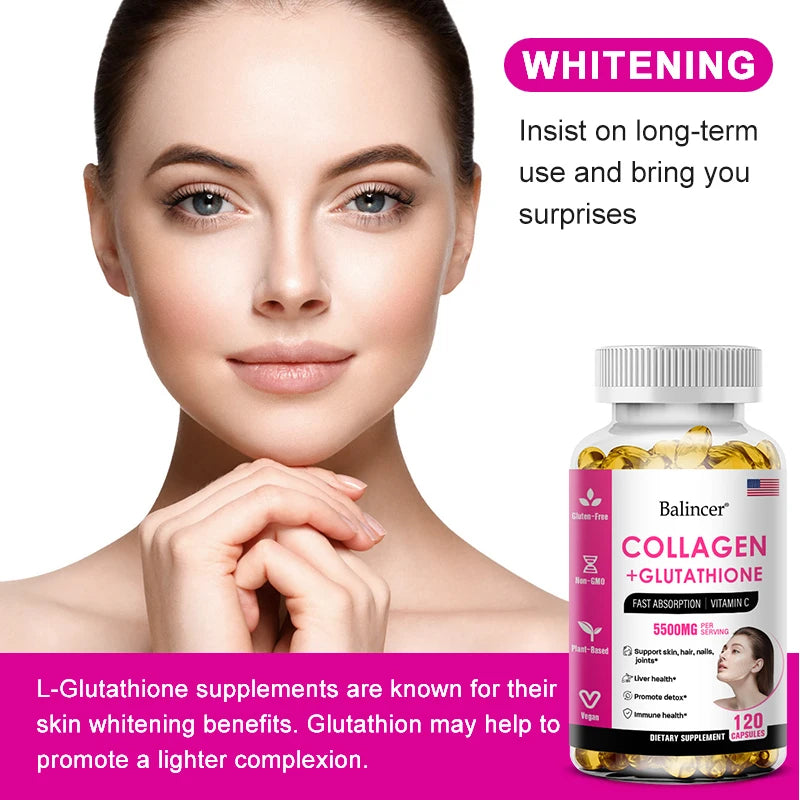 Bcuelov Glutathione & Collagen Supplement – Antioxidant Whitening Capsules for Skin Health, Hair, Nails & Anti-Aging | 30/60/120 Count