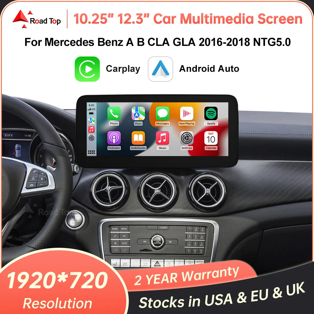RoadTop Wireless CarPlay Android Auto Car Multimedia Display For Mercedes-Benz CLA GLA A Class W176 2026-2026 NTG5.0 TouchScreen