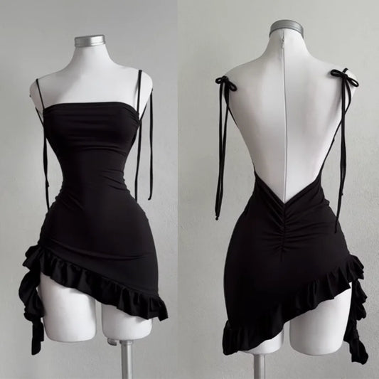 Women's Backless Ruffle Mini Dress — Lace-Up Bodycon Y2K Party Sundress