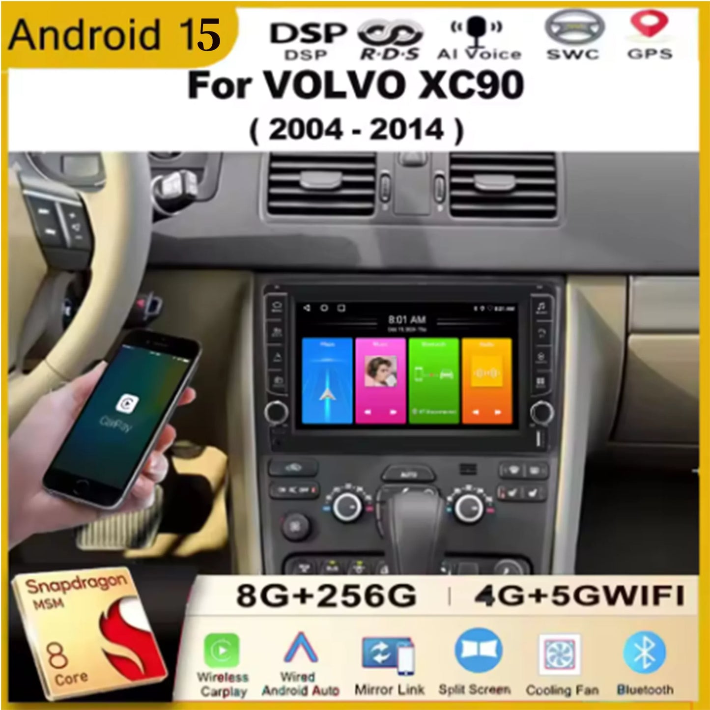 10" Android Car Stereo for Volvo XC90 (2004–2014) — Wireless CarPlay & Android Auto, GPS, 4G, 5G WiFi