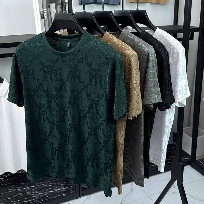 Men's Ice-Silk Mesh Tee - Jacquard Crew Neck, Slim Breathable