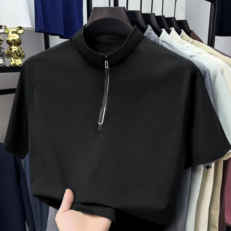 Men's Half-Zip Stand Neck Top - Smooth Woven, Slim Elastic Fit