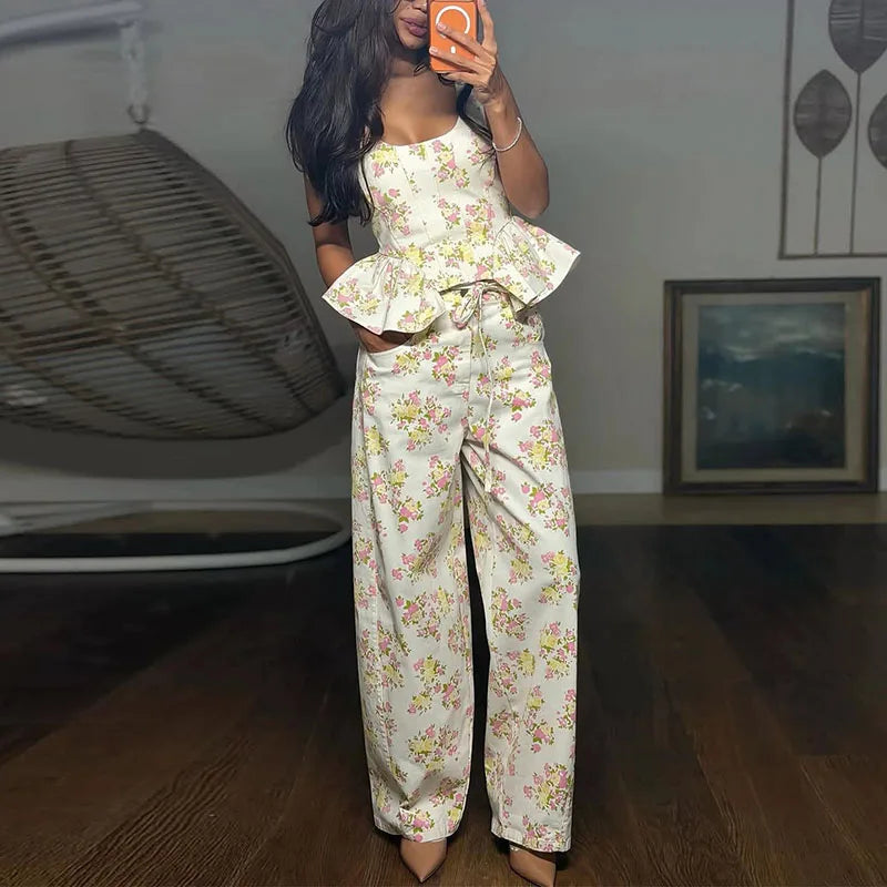 Ruffle Floral Top & Lace-Up Pants Set — Women's 2-Piece