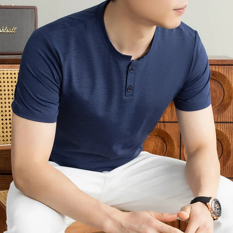 Men's Henley Collar Tee - Soft Knit, Sweat-Wicking Lightweight