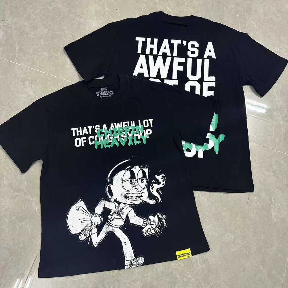 That's A Awful Lot of Cough Syrup Short Sleeve American Street Pop Hip-hop Cartoon Pattern Print Tops COUGH SYRUP T-shirt