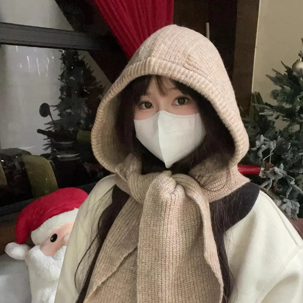 Winter Hats for Women Knitted Polyester Hooded Scarf Hat for Women Balaclava Knit Skull Cap Beanie Hat