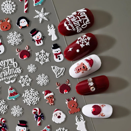 5D Embossed Christmas Nail Stickers - Snowman, Santa and Reindeer Decals