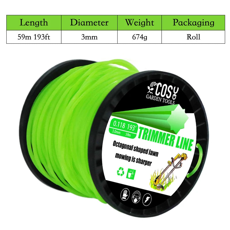 TSES 59m~130m Green String Trimmer Line Roll Durable Octagonal Shape Nylon Weed Whacker Line Strimmer Line Rope