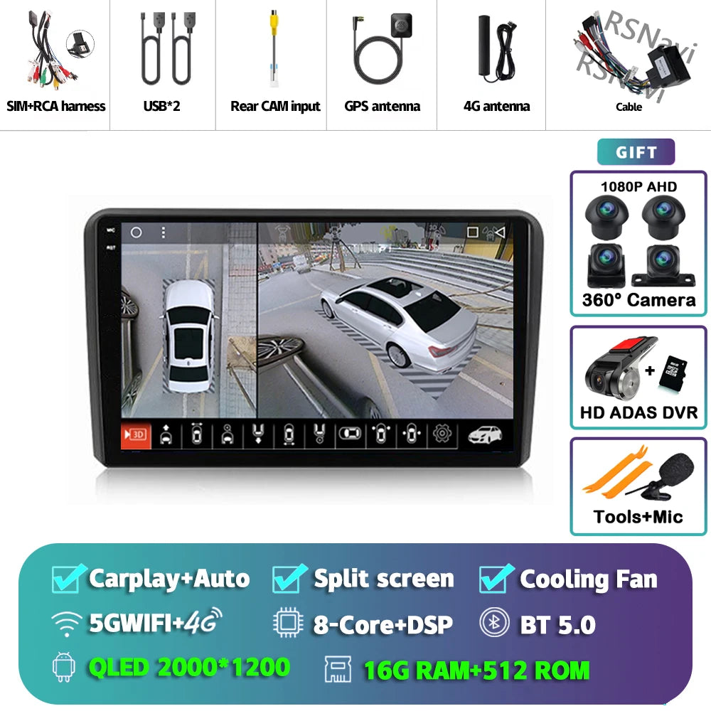 Android 16 Carplay Auto GPS Navigation For Audi A3 8P 2003 - 2013 Radio Multimedia Player 2Din Head Unit Video Stereo Car Radio