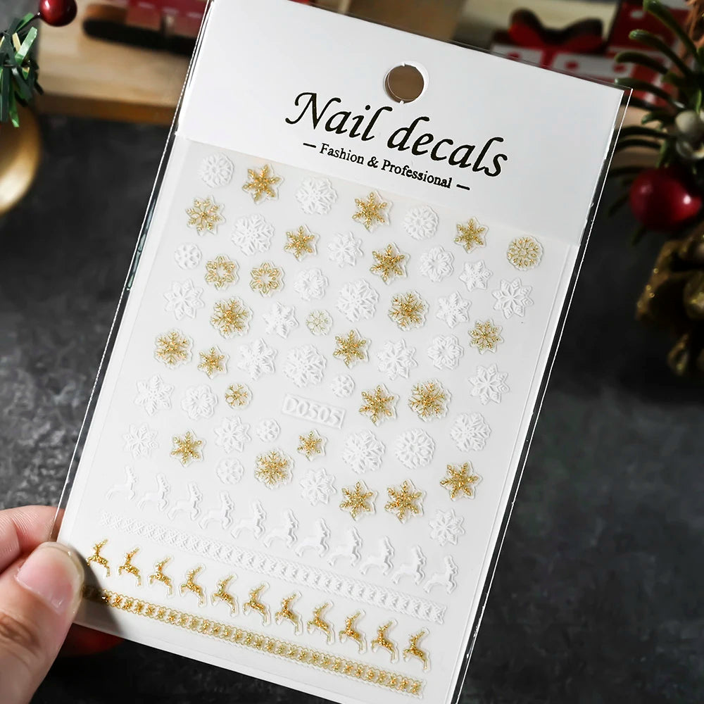 1pcs 5D Embossed Snowflakes/Snowman/Santa Claus/Reindeer Nail Art Stickers Self-Adhesive Cute Christmas Nail Art Decals 8*10CM
