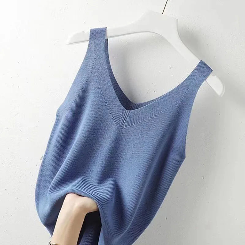 Plus Knit Tank Top V-Neck Ice Silk Sleeveless 2026 Summer Clothing Vests for Women Korean Fashion Loose Elegant Casual Cami Top