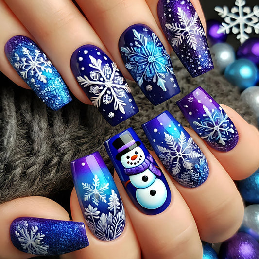 24 Piece Blue and Purple Ombre Christmas Press-On Nails - Medium Glossy