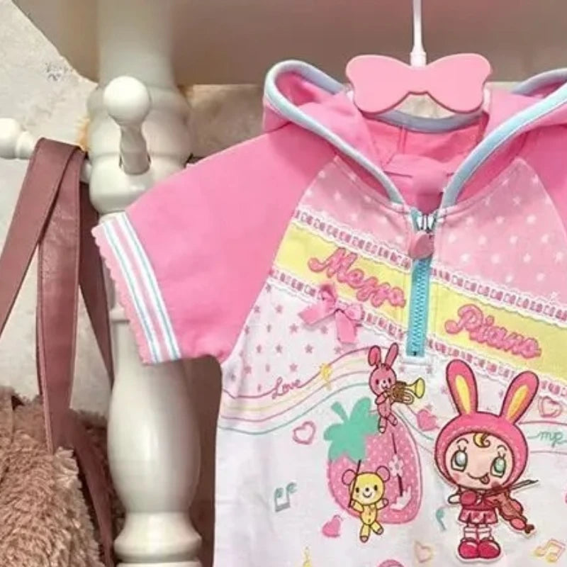 2026 Summer Japanese Kawaii Hooded T Shirts Women Y2k Hooded Short Sleeve Cartoon Print T-shirt Tops Casual Fashion Sweet Tees