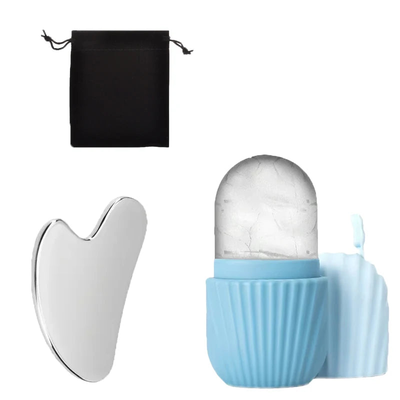 3-piece facial cleansing tool, stainless steel heart-shaped scraping tool, ice facial roller, a flannel bag