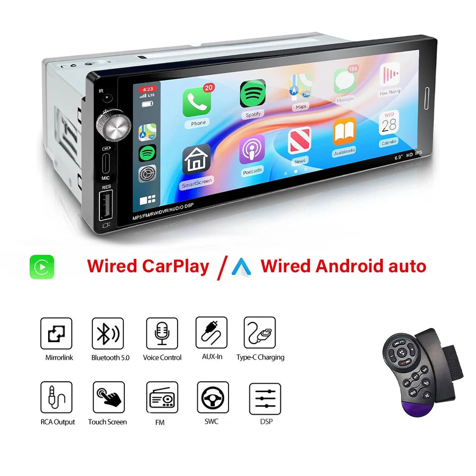 6.9" 1-DIN Car Stereo — Wireless & Wired CarPlay, Android Auto, USB-C Fast Charging, FM Radio