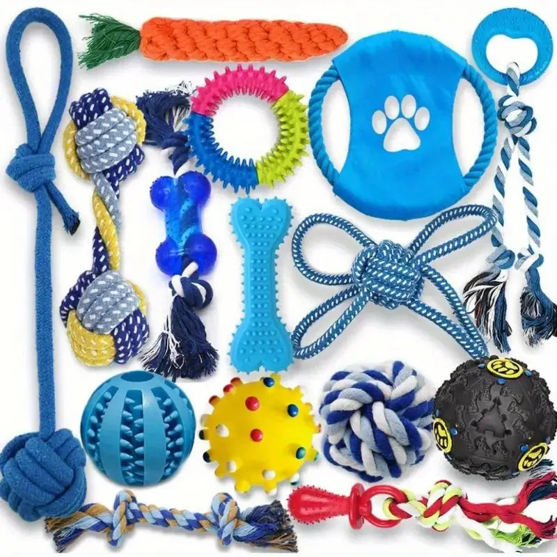 15-Piece Dog Toy Set - Rope Tug Toys, Chews & Rubber Balls