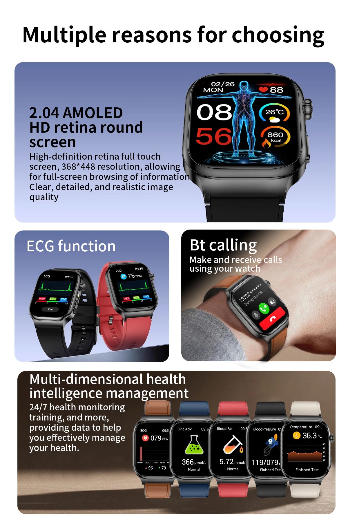 GUHUAVMI 2026 AI Health Smartwatch – ECG+HRV, Blood Pressure, Uric Acid & Blood Lipid Monitor | 2.04" AMOLED Sapphire | Bluetooth Calling | Men & Women