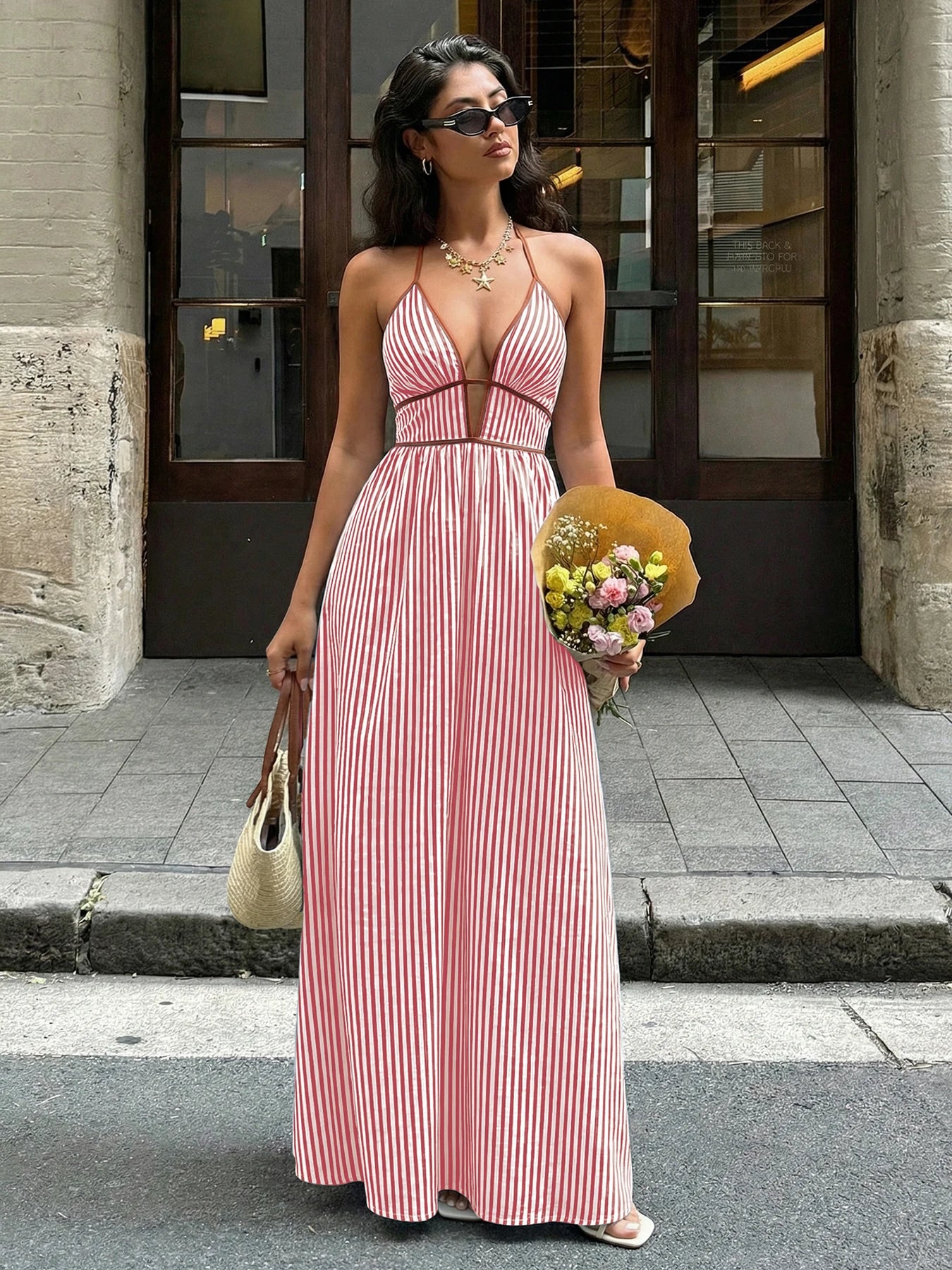2026 Summer New Style Deep V-neck Striped Beach Dress, Sexy Backless Sleeveless Neckline Long Dress