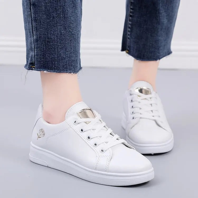 Embroidered Floral Sneakers for Women — Breathable Lace-Up White Tennis Shoes