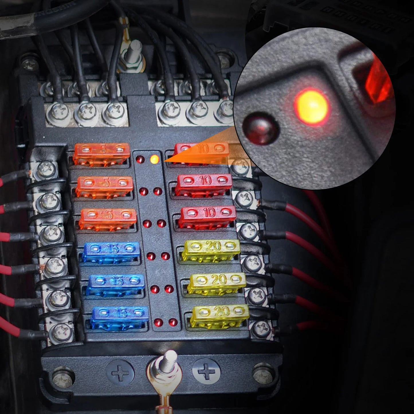 6-12 Way Blade Fuse Block Fuse Box Holder Cover With LED Indicator For a Pillar Switch Panel 12V-24V Board Camper RV Boat
