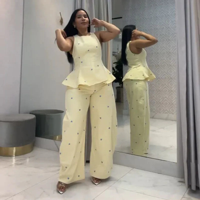 Printed Ruffle-Hem Top & Curved Pants Set — Women's 2-Piece