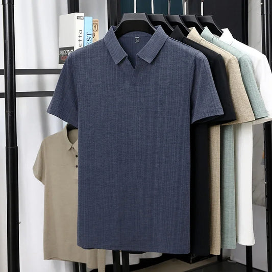 Men's Linen-Blend Polo - Minimalist Plain Lapel, Breathable Soft