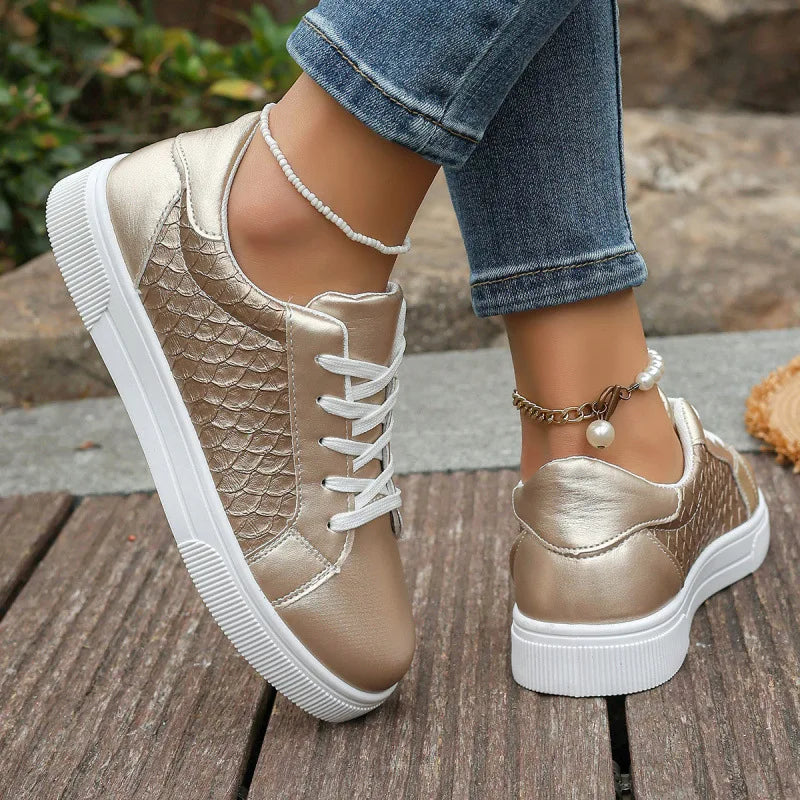 Metallic Lace-Up Sneakers for Women — Soft PU Leather Board Shoes, Plus Size