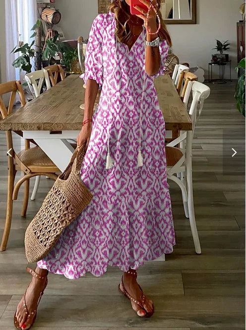 Women's Boho Maxi Dress – Casual V-Neck Drawstring Long-Sleeve Printed Bohemian Dress