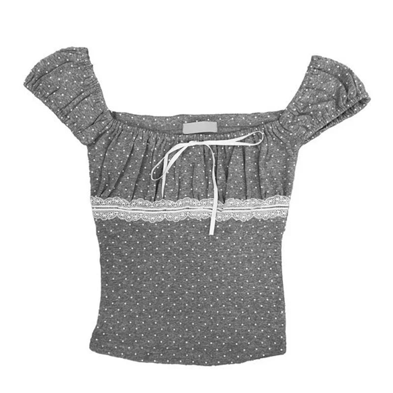 Women Summer Y2K Fairy Grunge Dots Lace Trim T-Shirts Short Sleeve Lace Patchwork Tee Tops Vinatge E-Girls Aesthetic Clothes