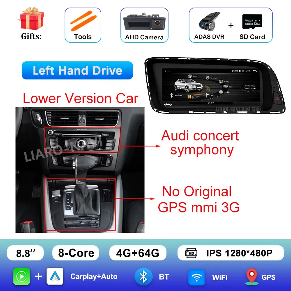 Android 16 for Audi Q5 2026 - 2026 HD Screen Car Radio Video Multimedia Player 8.8 inch BT 4G Carplay DSP Stereo WiFi Auto Tools