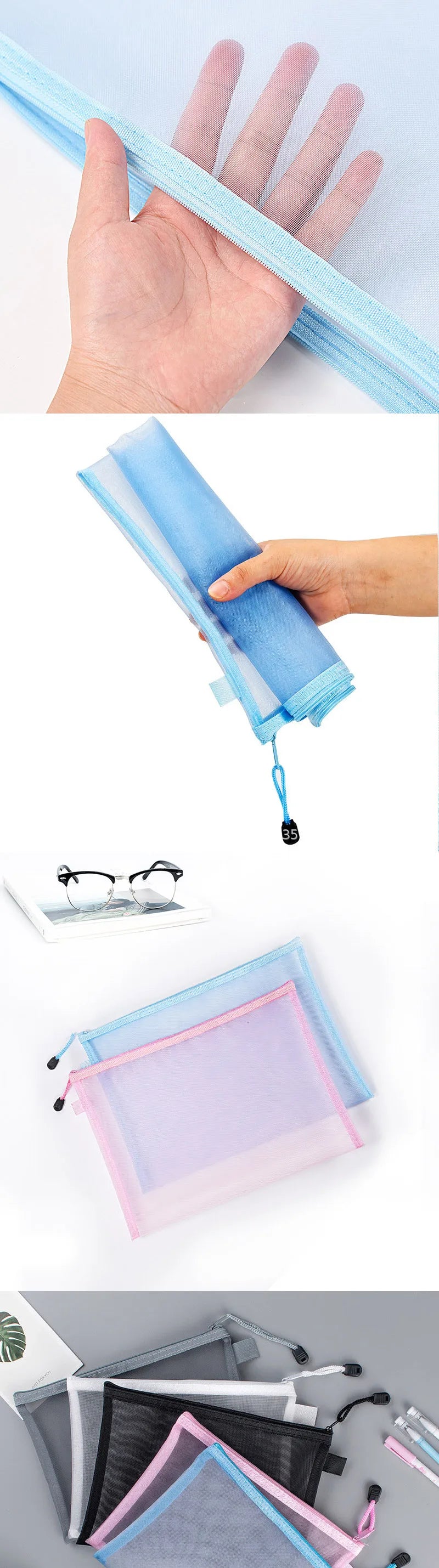 Nylon Mesh File Bag A4 A5 A6 Transparent Zipper Test Paper Information Bag Office Student Pen Bag Subject Bag Puzzle Storage Bag