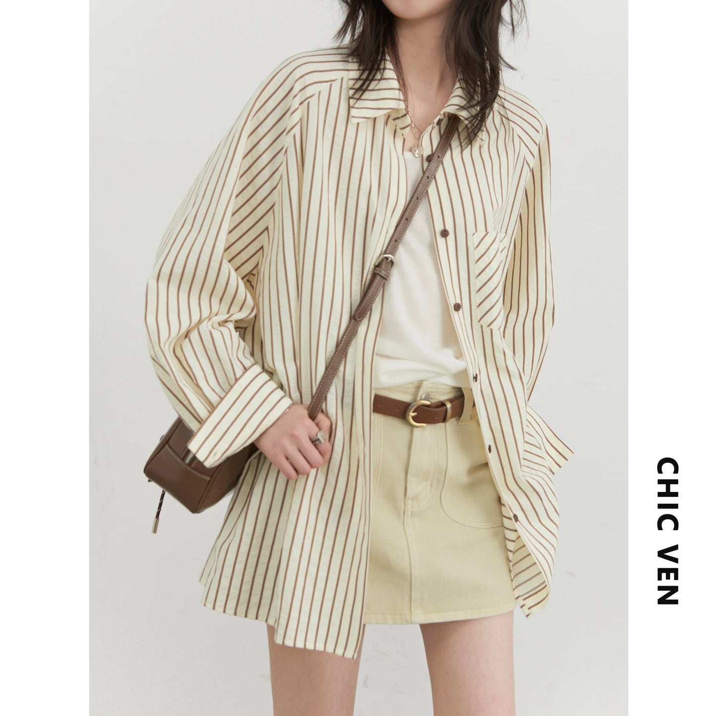 CHIC VEN Women Shirt Single Breasted Loose Casual Vertical Striped Long Sleeved Blouses Oversize Female Coat Spring Summer 2025