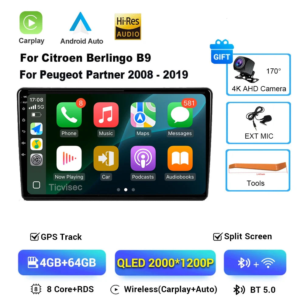 Android 16 Car Radio 4G+WIFI Carplay For Citroen Berlingo For Peugeot Partner 2008 - 2019 Navigation GPS Car Multimedia Player