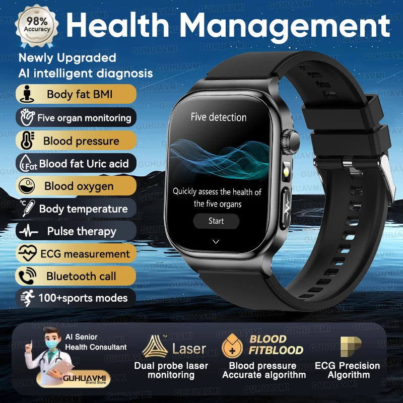 GUHUAVMI 2026 AI Health Smartwatch – ECG+HRV, Blood Pressure, Uric Acid & Blood Lipid Monitor | 2.04" AMOLED Sapphire | Bluetooth Calling | Men & Women
