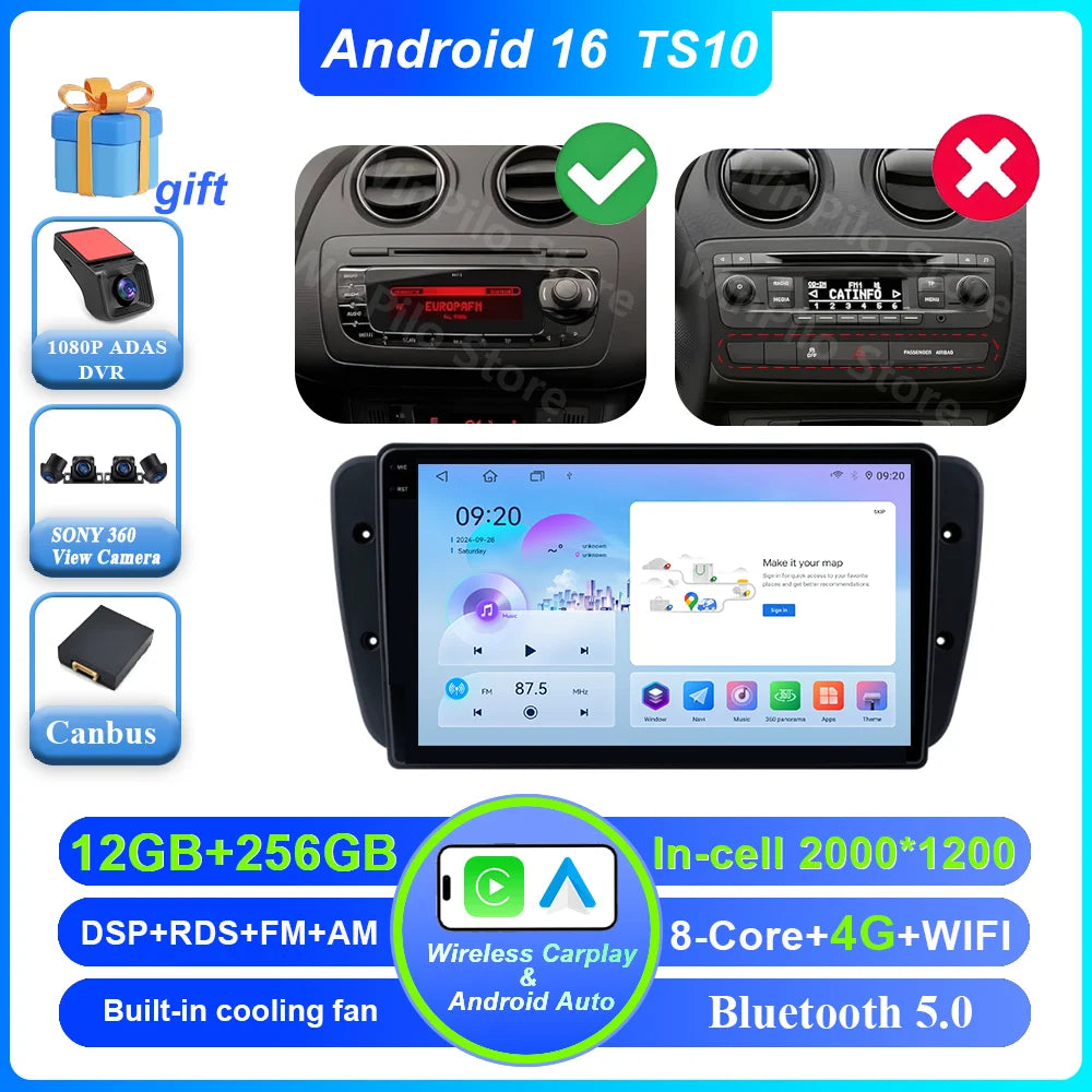 9" Android Car Stereo for Seat Ibiza MK4 6J (2008–2015) — CarPlay, Android Auto, GPS, 4G, WiFi