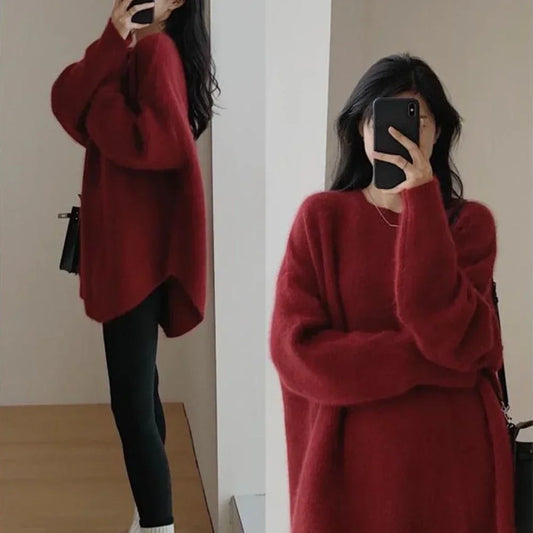 Women's Long Red Knit Top - Long Sleeve Pullover