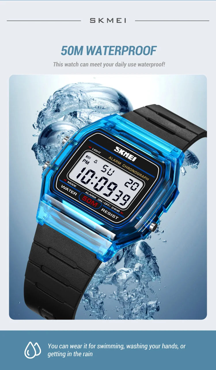 Skmei Women Digital Watches Fashion Transparent Case TPU Strap Led Waterproof Swimming Sports Wristwatch Female Alarm Clock
