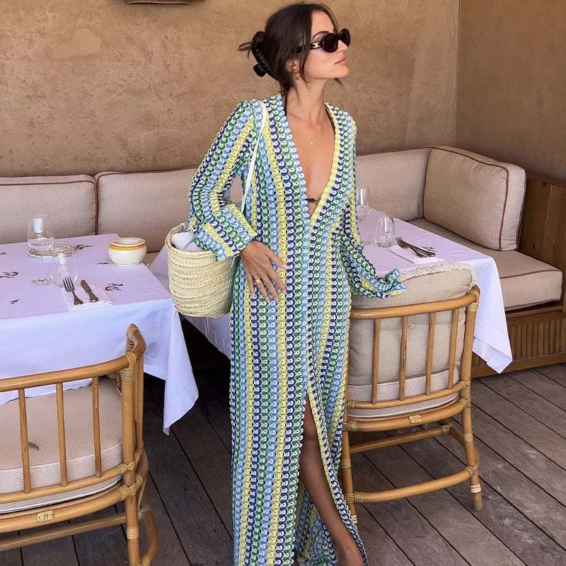 Crochet Colorful Stripe Flare Sleeve Maxi Dress Women V-neck High Split Sexy Lace Long Dresses 2026 New Beach Banquet Vestidos