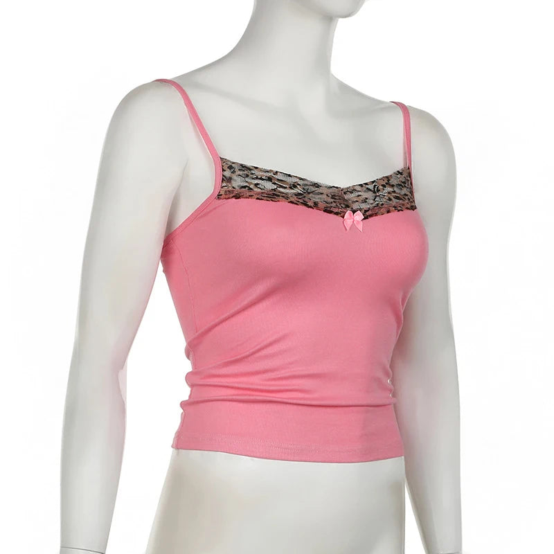 Women's Vintage Leopard Print Crop Top - Sleeveless, Cute Bow Patchwork, Y2K Style, Casual Tees