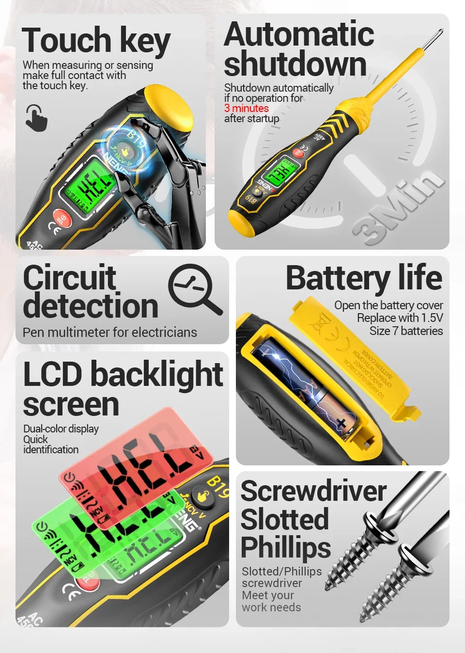 ANENG B19 Cross/flat Screwdriver Pen Small Handheld Test Pencil Non-contact Detection 30-1000V Voltage Buzzer Breakpoint Finder