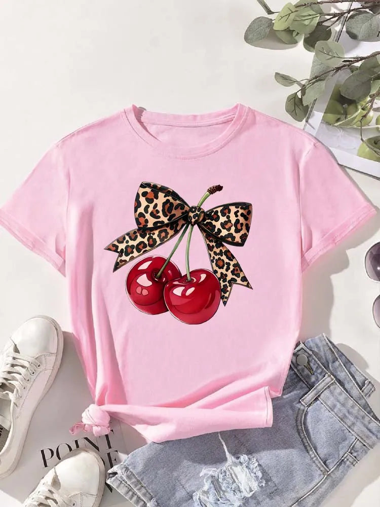 Women's Cherry-Print Tee — Crew-Neck Casual Short-Sleeve Top