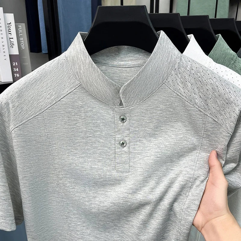 Men's Split-Neck Tee - Vented Perforated Fabric, Breathable Slim