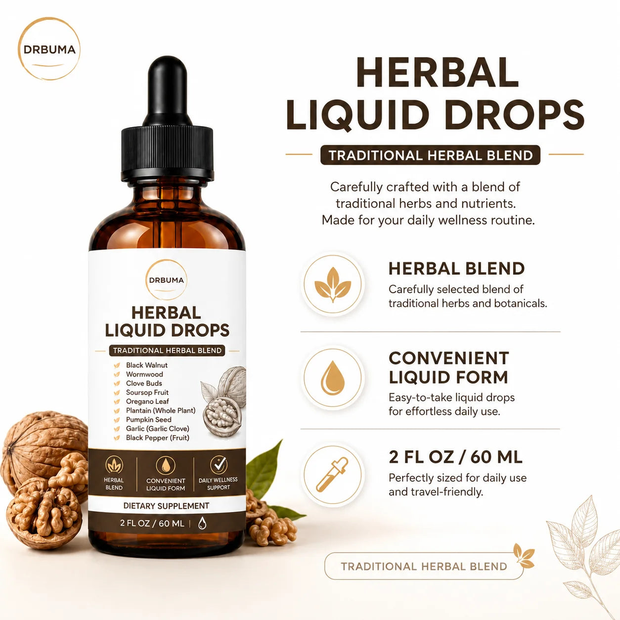 Natural Herbal Liquid Drops 60ml 2 oz, easily integrated into daily health regimens, daily health support for adults, traditional herbal formula, daily plant-based energy boost