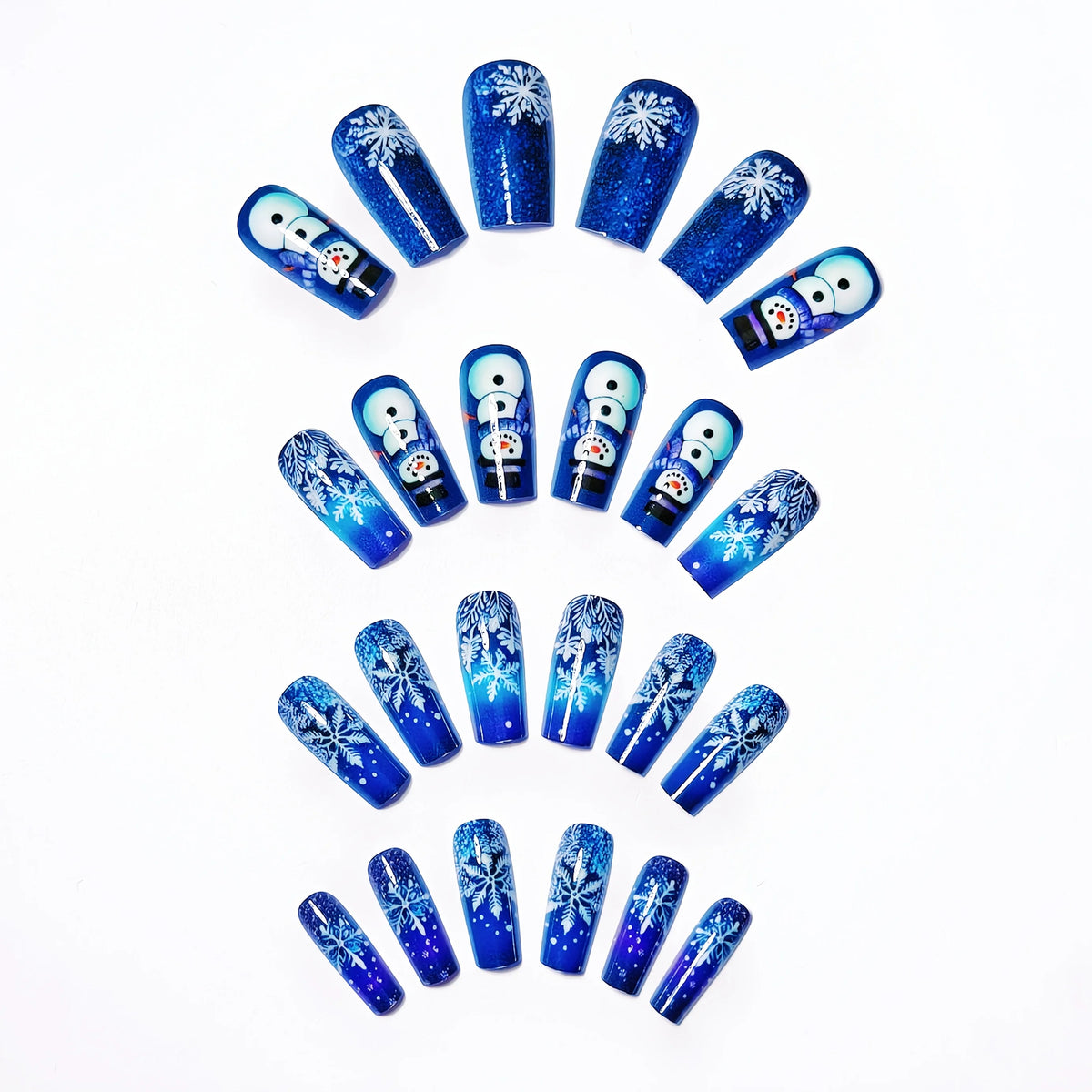 24pcs Glittering Blue & Purple Ombre Christmas Press-On Nails with Snowflake & Snowman Design - Medium Length Glossy False Nails