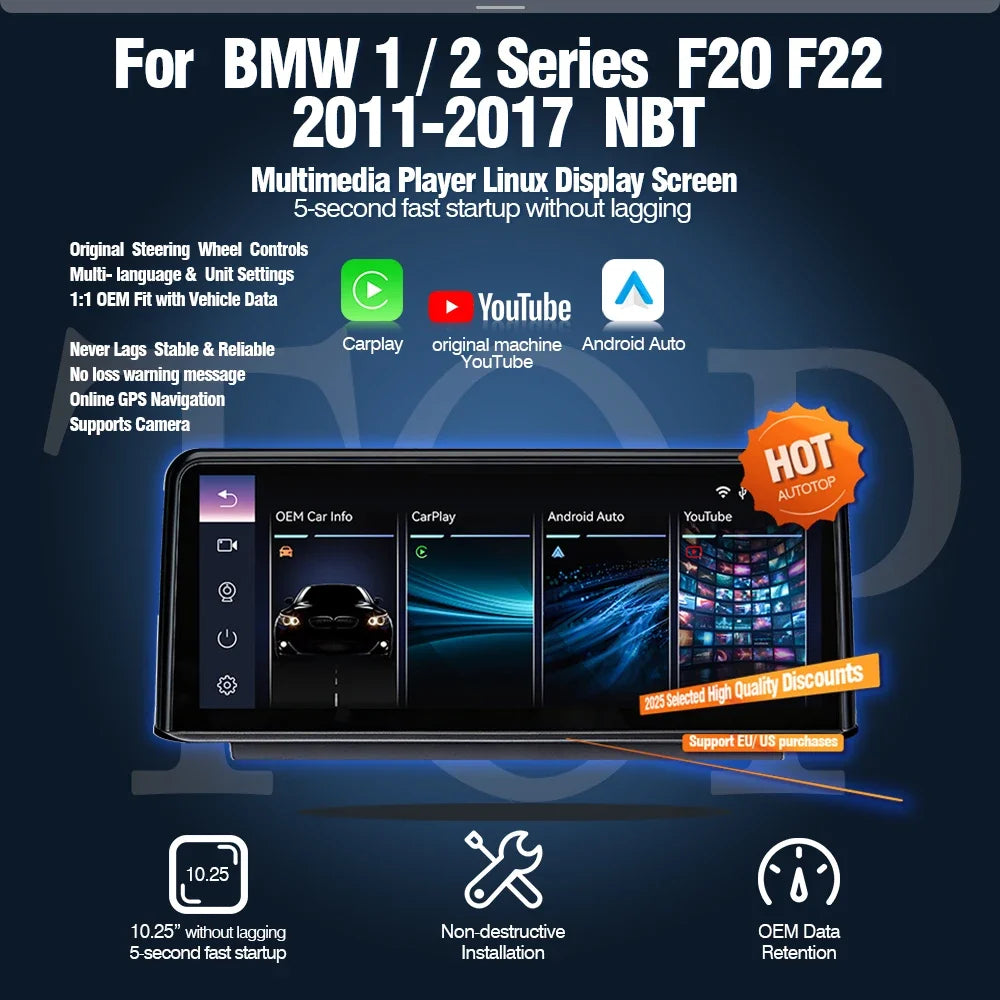 AUTOTOP 10.25”1920*720 Wireless Carplay Android Auto Car multimedia player for F20 F21 F22 F30 F31 F32 F33 F34 F36 NBT 2026-2026