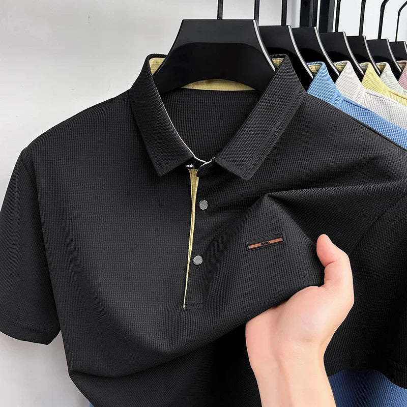 Men's Waffle Mesh Polo Tee - Lightweight Lapel, Elastic Comfort