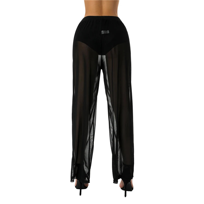 Sexy See-through High Waist Pant Women Long Casual Y2K Straight Trouser Female See Through Wide Leg Long Pants Summer Streetwear